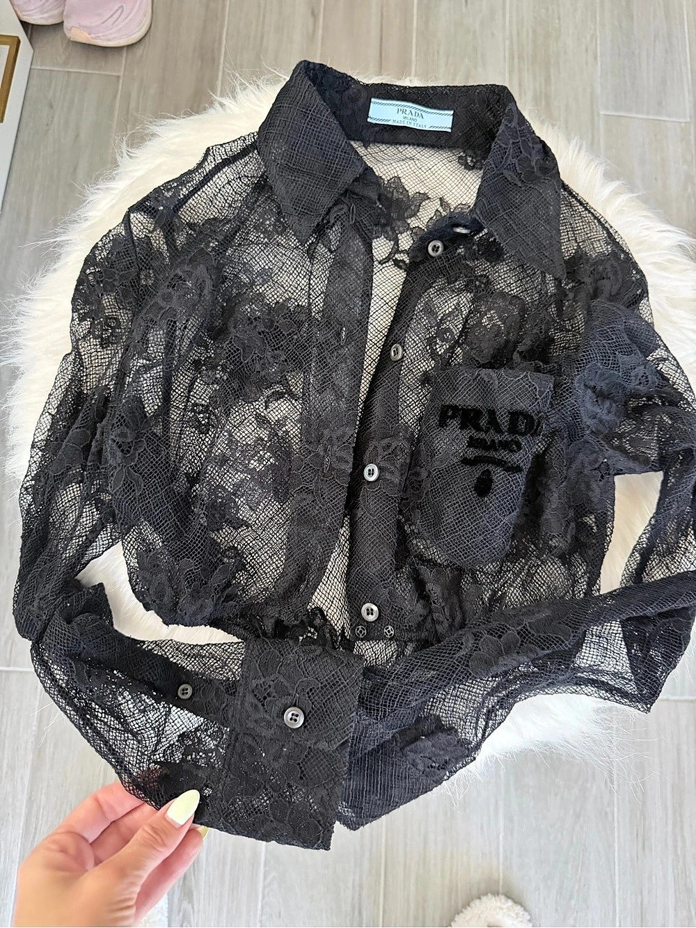Prada Embroidered Lace Shirt Women's Black Lace Button Down Top Like New
